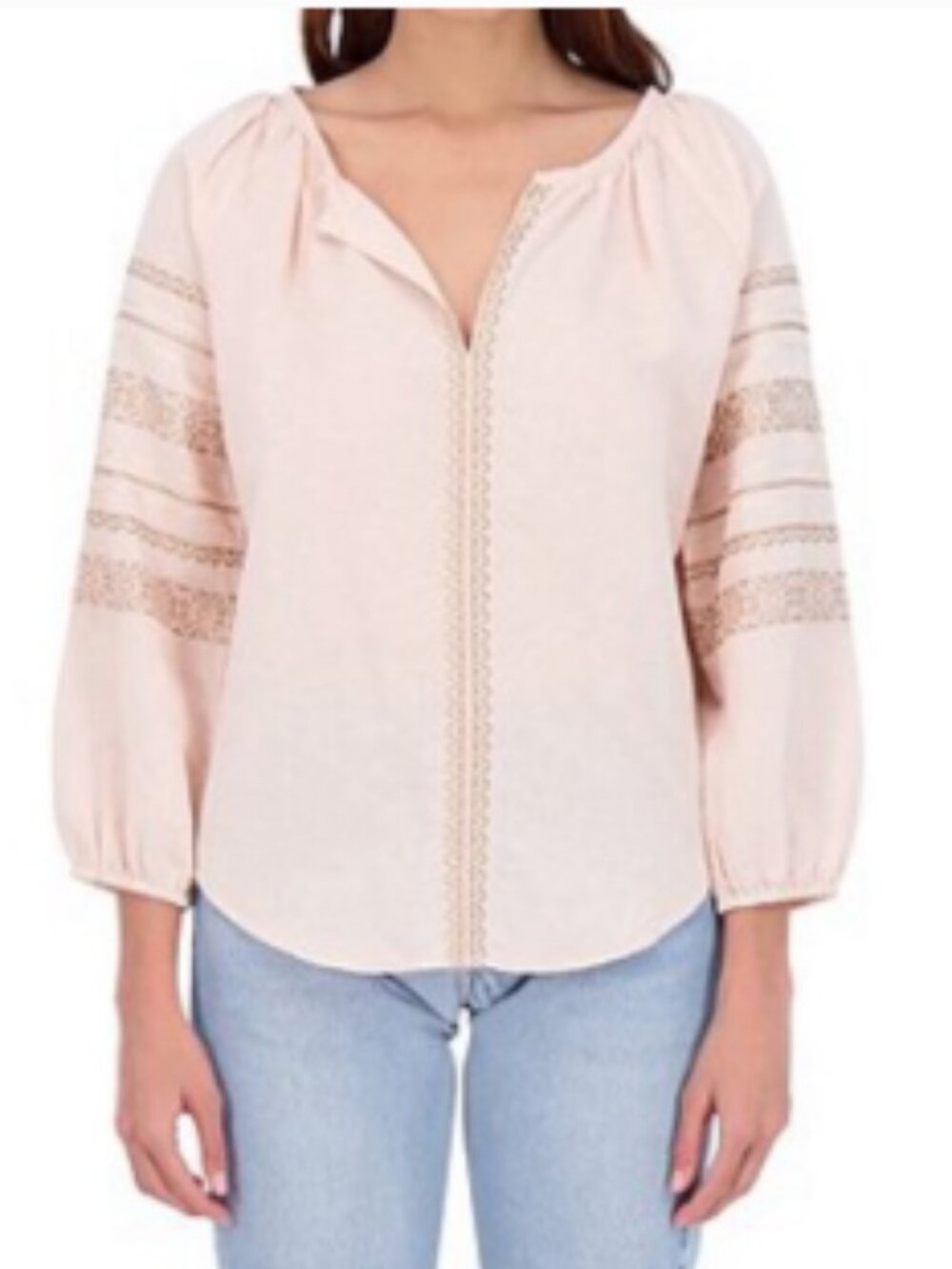 Roller Rabbit Malm Cross Stitch Embroidered Blouse Size XS Peach Tan Boho Linen